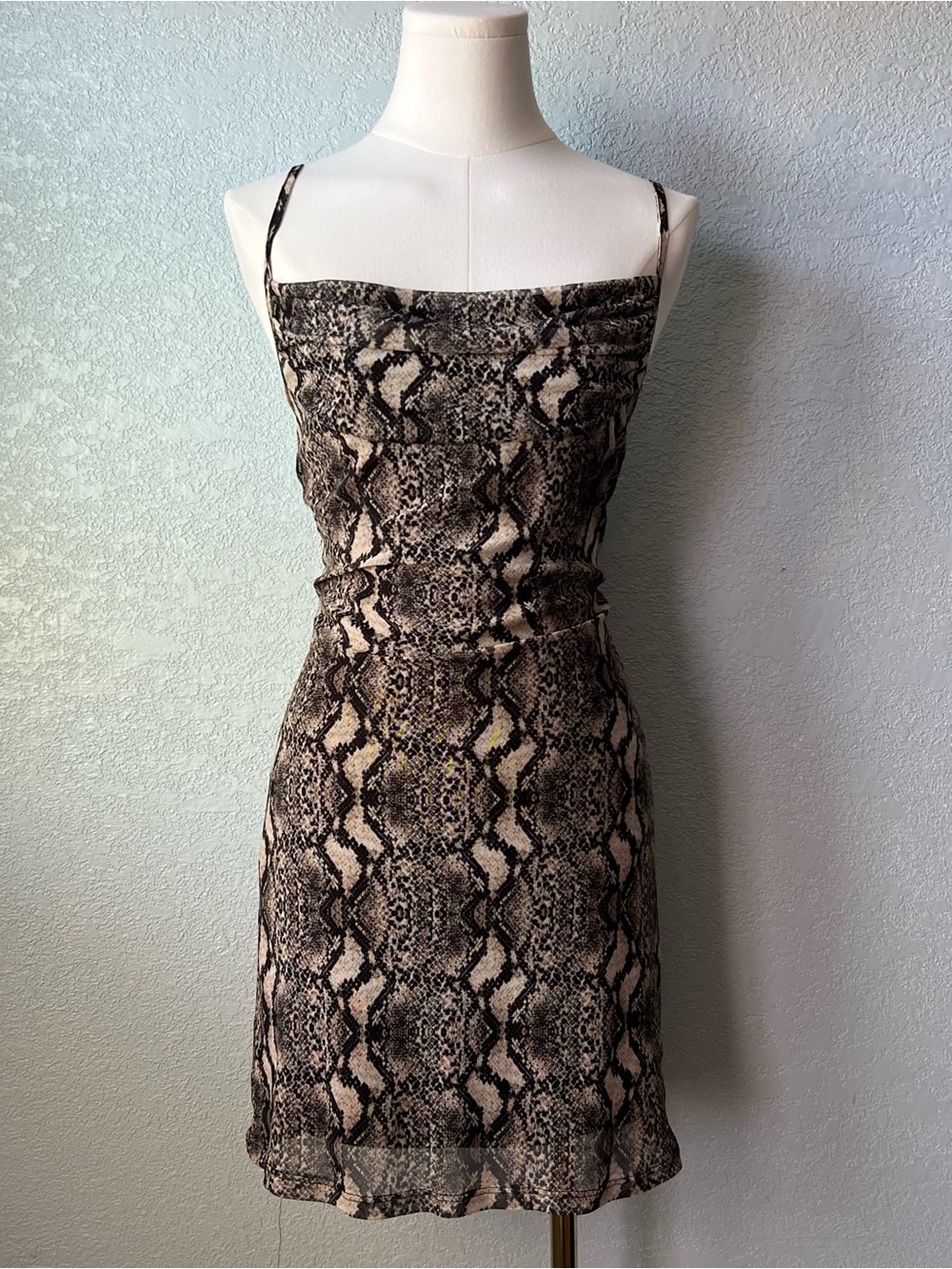 Almost Famous Snake Print Mesh Cowl Neck Mini Dress Y2K Bodycon Size Small